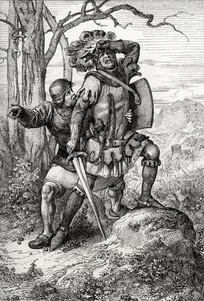 Hertog Leopold I van Oostenrijk, Heer van Habsburg gered door een van zijn metgezellen bij de Slag bij Morgarten op 15 november 1315 tegen de Zwitserse confederaten, Zwitserland door Peter Johann Nepomuck Geiger