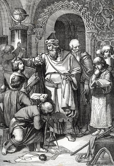 Keizer Karel de Grote, oprichter van de school, ontmoet kinderen door Peter Johann Nepomuck Geiger