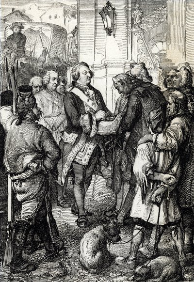 Franse Revolutie: Koning Lodewijk XVI ontvangt van de burgemeester van Parijs Jean-Sylvain Bailly de driekleurige kokarde door Peter Johann Nepomuck Geiger
