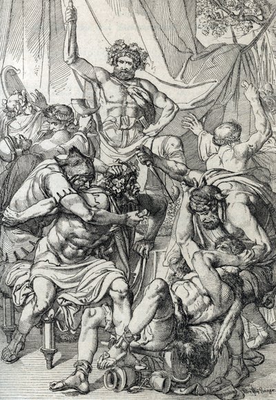 Heptarchie: voorstelling van de Angelsaksische leider Hengist (5e eeuw) die zijn vijanden doodt om het koninkrijk Kent te stichten, circa 461 (tekening met veer) door Peter Johann Nepomuck Geiger