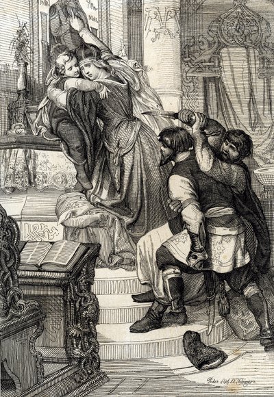 Moskou-opstand van 1682 (opstand van de streltsy van 1682): Tsarina Natalia Narychkina beschermt haar zoon prins Peter (1672-1725) tegen aanvallen van de streltsy, Rusland door Peter Johann Nepomuck Geiger