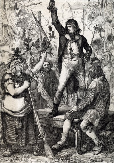Uitbraak van de Franse Revolutie in 1789: het verzamelde volk wordt aangespoord om de kleur van een kokarde te kiezen en de wapens op te nemen (historisch) door Anton Ziegler door Peter Johann Nepomuck Geiger