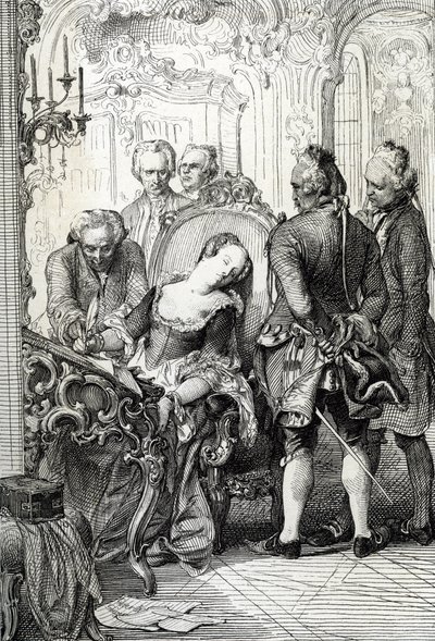 Koningin Caroline Mathilde van Denemarken (1751-1775) gedwongen om de scheidingsdocumenten te ondertekenen na haar buitenechtelijke avontuur in 1772 door Peter Johann Nepomuck Geiger
