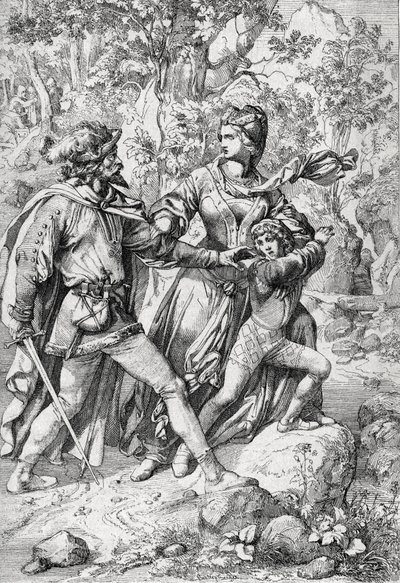 Koningin van Engeland Margaret van Anjou (1430-1482) en haar zoon Edward gered door een rover tijdens hun vlucht na de triomf van de Yorkisten door Peter Johann Nepomuck Geiger