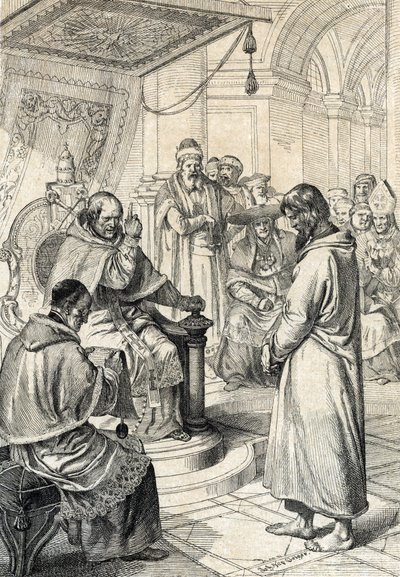Queril van de investituren, boetedoening van Canossa: In Canossa smeekt keizer Hendrik IV van het Heilige Roomse Rijk in boetekleed om vergeving van paus Gregorius VII (januari 1077) door Peter Johann Nepomuck Geiger