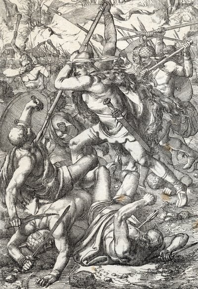 Voorstelling van Pelagius de veroveraar (overleden 737) koning van Asturië triomfantelijk tegen de Saracenen, 719, Covadonga, Spanje door Peter Johann Nepomuck Geiger