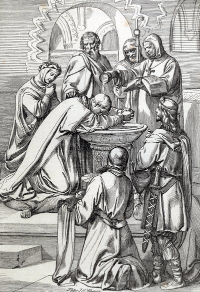 Voorstelling van Sint-Augustinus van Canterbury (overleden 604), door paus Gregorius de Grote in 596 naar Engeland gestuurd om de Angelsaksen te bekeren - Hij staat hier voor Ethelbert, Angelsaksische koning van Kent (552? -616) die hij in 597 doopte door Peter Johann Nepomuck Geiger