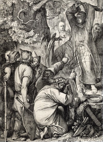 Voorstelling van Sint Bonifatius van Mainz (680-754) die de eik van Thor omhakt om de druïden te overtuigen dat het geen heilige boom is door Peter Johann Nepomuck Geiger
