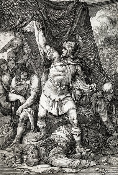 Romeinse Oudheid: “De verovering van Jeruzalem” afbeelding van het beleg van Jeruzalem door de Romeinen in 70 na Christus, de stad wordt geplunderd door de troepen van keizer Titus en de tweede tempel van Jeruzalem vernietigd door Peter Johann Nepomuck Geiger
