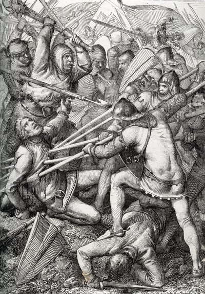 De Slag bij Sempach gevochten op 9 juli 1386, tussen Leopold III, Hertog van Oostenrijk en de Oude Zwitserse Confederatie, tekening uit “Historische Memorabilian des In-und Auslandes” door Anton Ziegler door Peter Johann Nepomuck Geiger