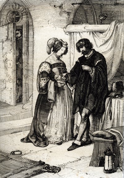 De Graaf van Essex Robert Devereux ter dood veroordeeld voor verraad overhandigt Elizabeth Howard, Gravin van Nottingham en Eerwaarde Dame van Elisabeth I van Engeland, een ring als teken van haar loyaliteit aan de Koningin door Peter Johann Nepomuck Geiger