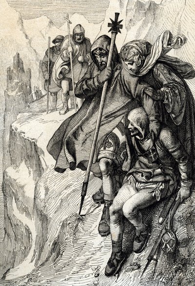 De koning van de Romeinen Hendrik IV passeert de pas van de Mont Cenis om de Alpen over te steken en naar de gravin Mathilde van Toscane te gaan in Canossa waar paus Gregorius VII, januari 1077 door Peter Johann Nepomuck Geiger