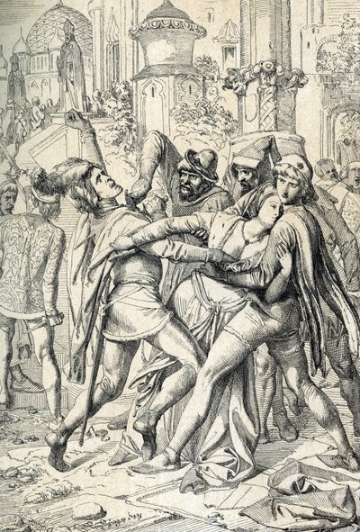 De Siciliaanse vespers (Vespri siciliani) volksopstand van het eiland Sicilië tegen de feodale overheersing van de Franse koning Karel van Anjou, die plaatsvond in Palermo en Corleone, 31/03/1282, Paaszaterdag door Peter Johann Nepomuck Geiger