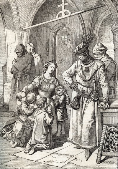 De moord op de edelvrouw Ines de Castro (1320-1355), tweede vrouw van Peter I (Pedro I) van Portugal in het klooster Santa Clara de Coimbra, Portugal 1355 door Peter Johann Nepomuck Geiger