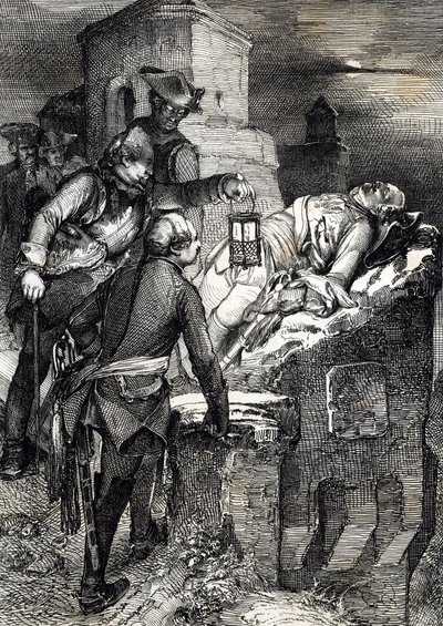 De dood van koning Karel (of Carl) XII van Zweden (1682-1718) tijdens het beleg van het eerste Noorse fort Fredriksten door Peter Johann Nepomuck Geiger