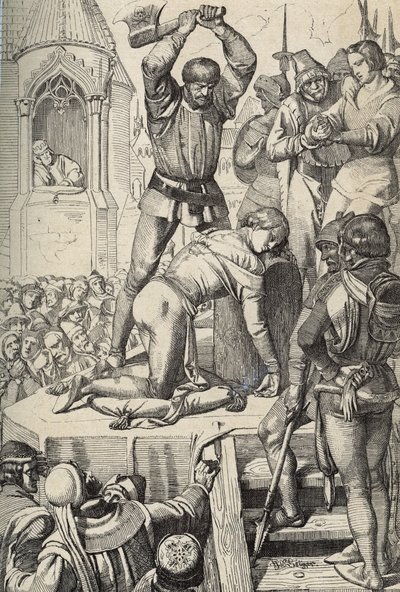 De executie van Conradin (of Conrad van Hohenstaufen) koning van Sicilië en hertog van Zwaben (1252-1268) op bevel van Karel van Anjou na de slag bij Tagliacozzo in 1268 door Peter Johann Nepomuck Geiger