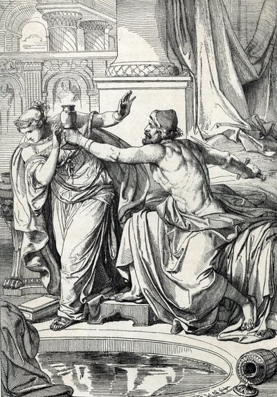 De gepidische prinses Rosemonde (overleden 572) en haar minnaar, moordenaar van haar echtgenoot koning Alboin, vergiftigden zichzelf met dezelfde beker gif, 572 door Peter Johann Nepomuck Geiger