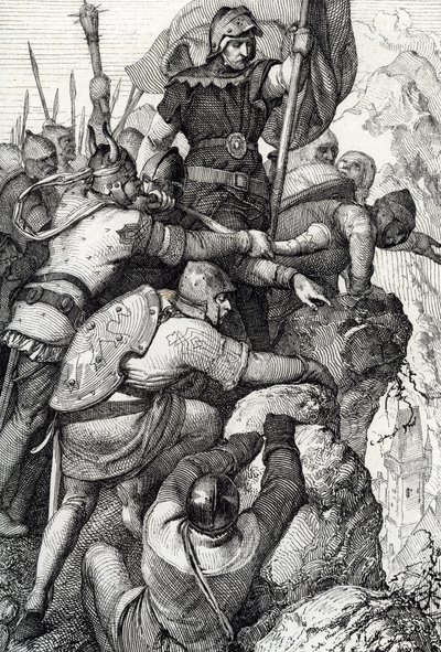 De troepen van Othon I van Beieren (1117-1183) nabij Verona in Italië 1155 (tekening met veer) door Peter Johann Nepomuck Geiger