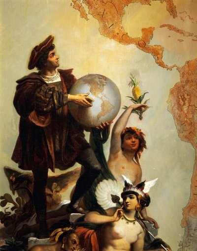 Christoffel Columbus (1451-1506), detail van Allegorie op Karel V van Habsburg (1500-1558) als Heerser van de wereld, schilderij door Peter Johann Nepomuk Geiger (1805-1880), Troonzaal, Kasteel Miramare, Triëst, Friuli-Venezia Giulia, Italië door Peter Johann Nepomuk Geiger