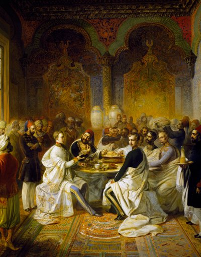 Maximiliaan van Habsburg en zijn broer Carlo Ludovico te gast op een banket gegeven in Smyrna door Halim Pasha door Peter Johann Nepomuk Geiger