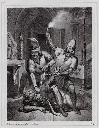 Moord op Ludmila van Bohemen, 921 (gravure) door Peter Johann Nepomuk Geiger