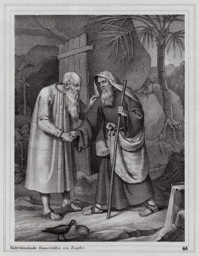 Sint Paulus van Thebe, christelijke kluizenaar (gravure) door Peter Johann Nepomuk Geiger