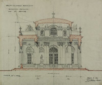 Chocolade-Menier Paviljoen, Wereldtentoonstelling Colombia, Chicago, Illinois, Sectieschets door Peter Joseph Weber
