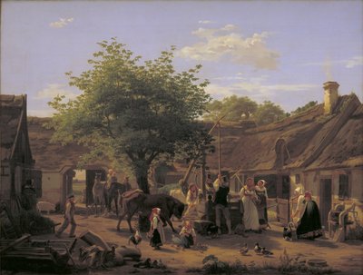 Beeld van het leven op een boerderij in Seeland rond het middaguur door Peter Julius Larsen