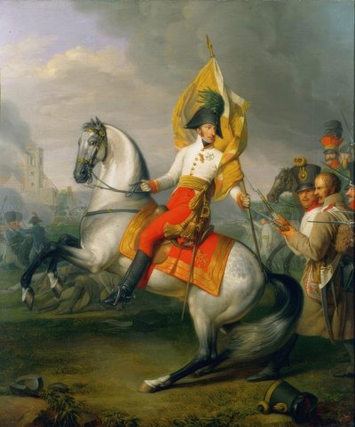 Aartshertog Karel met de Vlag van het Regiment Zach in de Slag door Peter Krafft