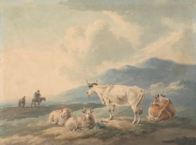 Berglandschap: met koeien en geiten op de voorgrond en figuren links door Peter La Cave