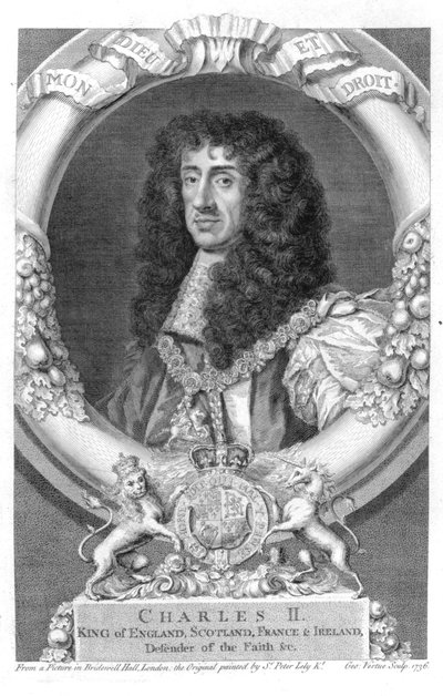 Karel II (1630-85) Koning van Groot-Brittannië en Ierland vanaf 1660, gegraveerd door George Vertue (1684-1756) 1736 door Peter Lely