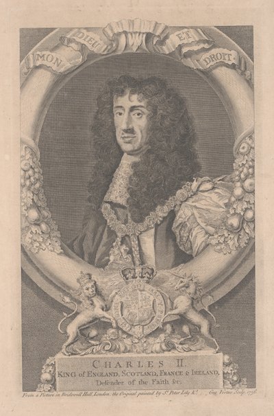 Karel II, koning van Engeland, Schotland, Frankrijk en Ierland, gegraveerd door George Vertue door Peter Lely