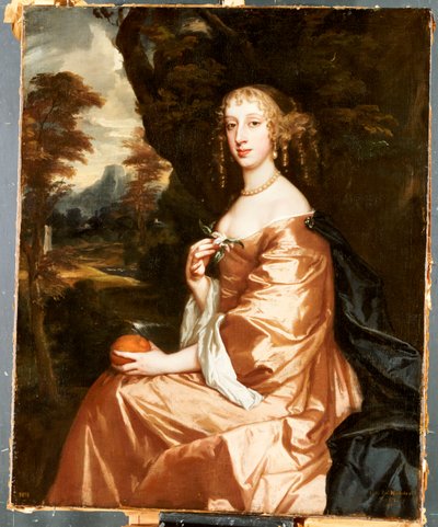 Portret van Lady Penelope Nicholas, met een sinaasappel in een landschap door Peter Lely