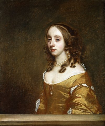 Portret van een dame van de Popham-familie, halflang, achter een venster, gekleed in een oranje jurk door Peter Lely