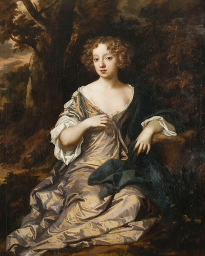Portret van een dame, zittend in een bosrijk landschap, in een violette zijden jurk met witte mouwen en versieringen door Peter Lely