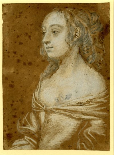Portret van een dame












 met haar haar in pijpenkrullen op halve lengte door Peter Lely