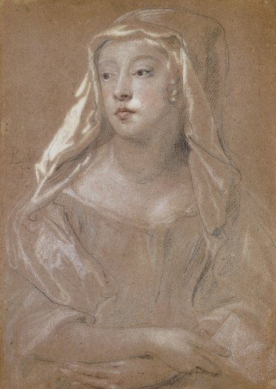 Portret van een jonge dame, traditioneel geïdentificeerd als Sarah Jennings, hertogin van Marlborough, halflang, met een boek, haar handen gekruist op haar schoot, haar hoofddoek gedrapeerd op haar schouders, 1667 door Peter Lely