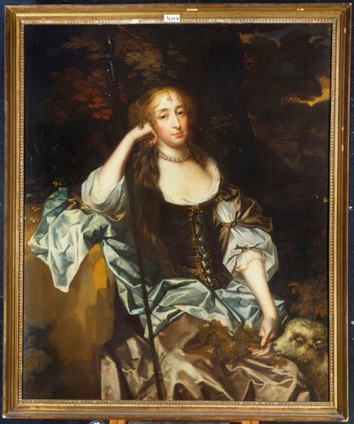 Portret van een dame met haar huisdier lam aan haar zijde door Peter Lely