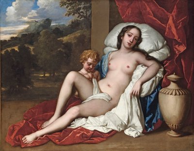 Portret van een jonge vrouw en kind, als Venus en Cupido door Peter Lely