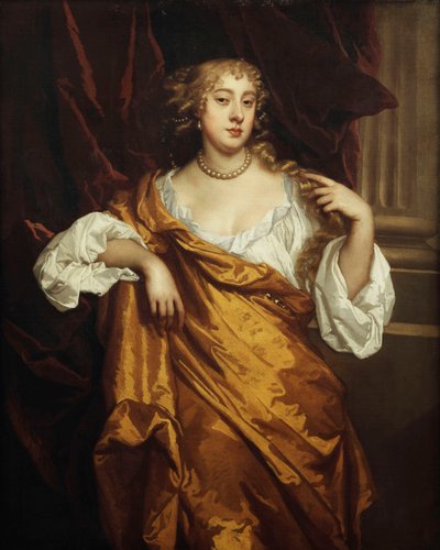 Portret van de eerwaarde Mary Wharton, staand driekwart lengte, in een witte chemise en gele mantel bij een bordeauxrood gedrapeerde kolom door Peter Lely