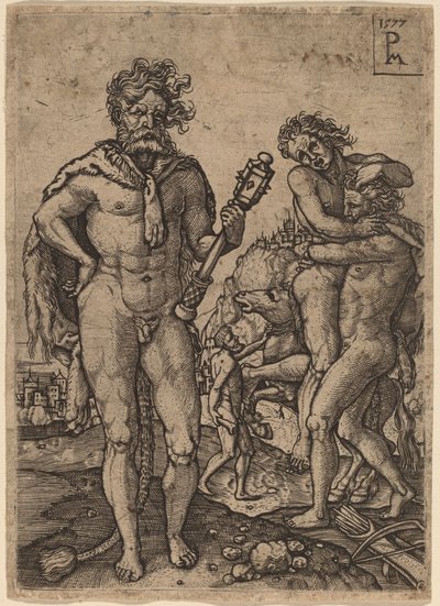 Hercules en Antaeus door Peter Maes after Heinrich Aldegrever