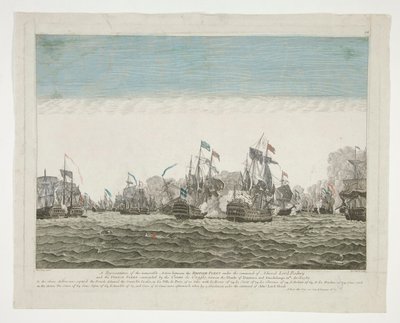 Een weergave van de gedenkwaardige actie tussen de Britse vloot onder bevel van admiraal Lord Rodney en de Franse vloot onder bevel van de Graaf de Graffe, tussen de eilanden Dominica en Guadeloupe 12 april 1782 door Peter Mazell