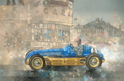 Blauwe en gele Maserati van Bira door Peter Miller