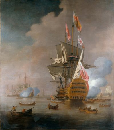 Een koninklijk gezelschap nadert een vlaggenschip van de Rode Vloot door Peter Monamy