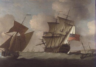 Een derde rang die zich bij haar squadron voegt bij Elizabeth Castle, Jersey door Peter Monamy