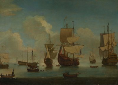 Engelse oorlogsschepen voor anker in een kalme zee, begin 18e eeuw door Peter Monamy