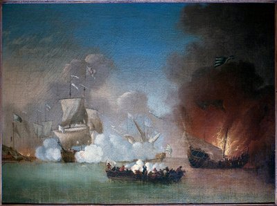 Zeeslag tussen een Portugees oorlogsschip en piratengaljoenen door Peter Monamy