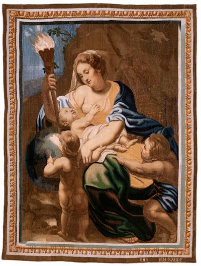 Vlaamse wandtapijt. Serie De Triomf van de Eucharistie. Allegorie van Liefdadigheid die de wereld verlicht. Twintigste wandtapijt in de serie. Model Peter Paul Rubens. 1626-1628. Atelier Jan II Raes, Brussel door Peter Paul (after) Rubens