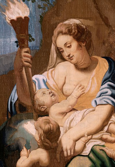 Vlaams wandtapijt. Serie De Triomf van de Eucharistie. Allegorie van Liefdadigheid die de wereld verlicht. Twintigste wandtapijt in de serie. door Peter Paul (after) Rubens
