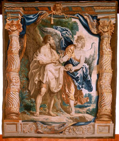 Vlaams wandtapijt. Serie De Triomf van de Eucharistie. De profeet Elias wordt getroost door de engel. Vijfde wandtapijt in de serie. Model Peter Paul Rubens. 1626-1628. Manufacture Jacob II Geubels, Brussel. door Peter Paul (after) Rubens
